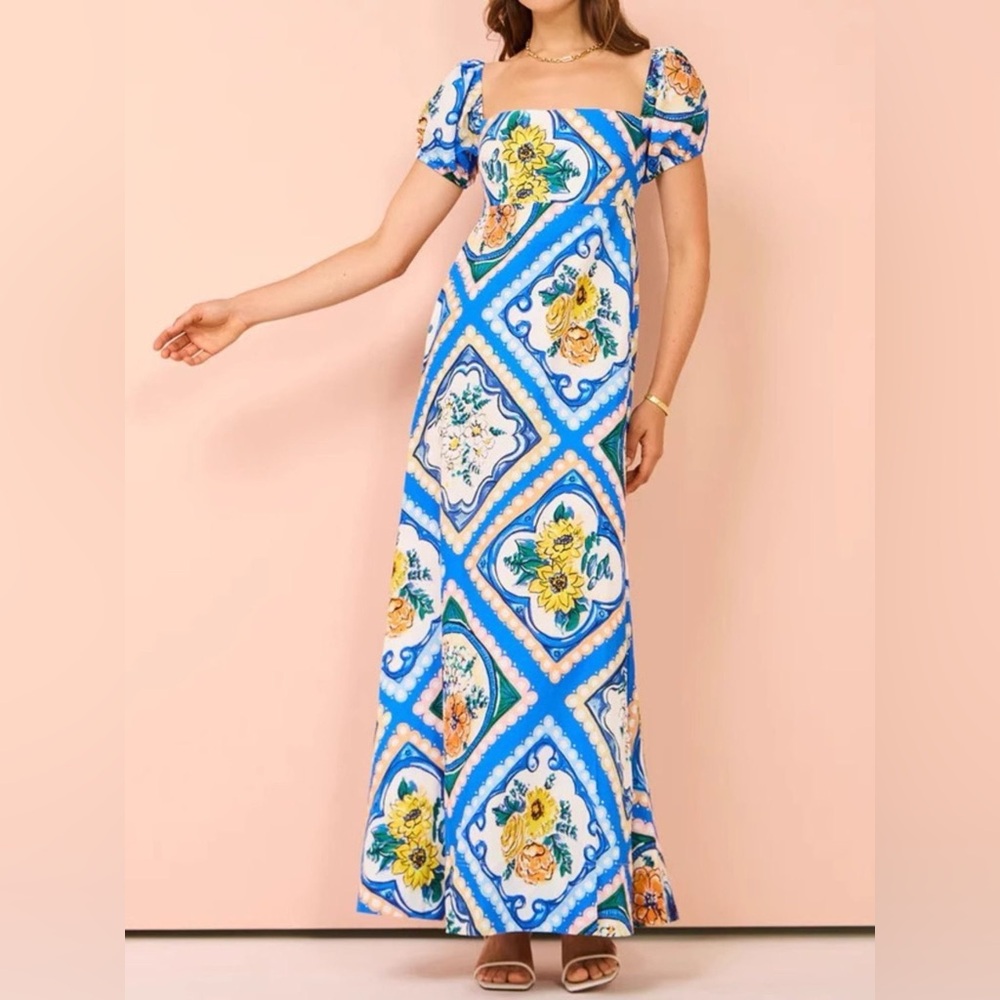 NWT Blue & Yellow Floral Tile Print Maxi Dress with Puff Sleeves Size S-2XL